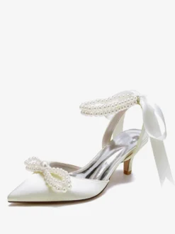 Chaussures De Mariage Femme Perle Lacet Nœud Escarpins De Mariée En Satin À Bout Pointu