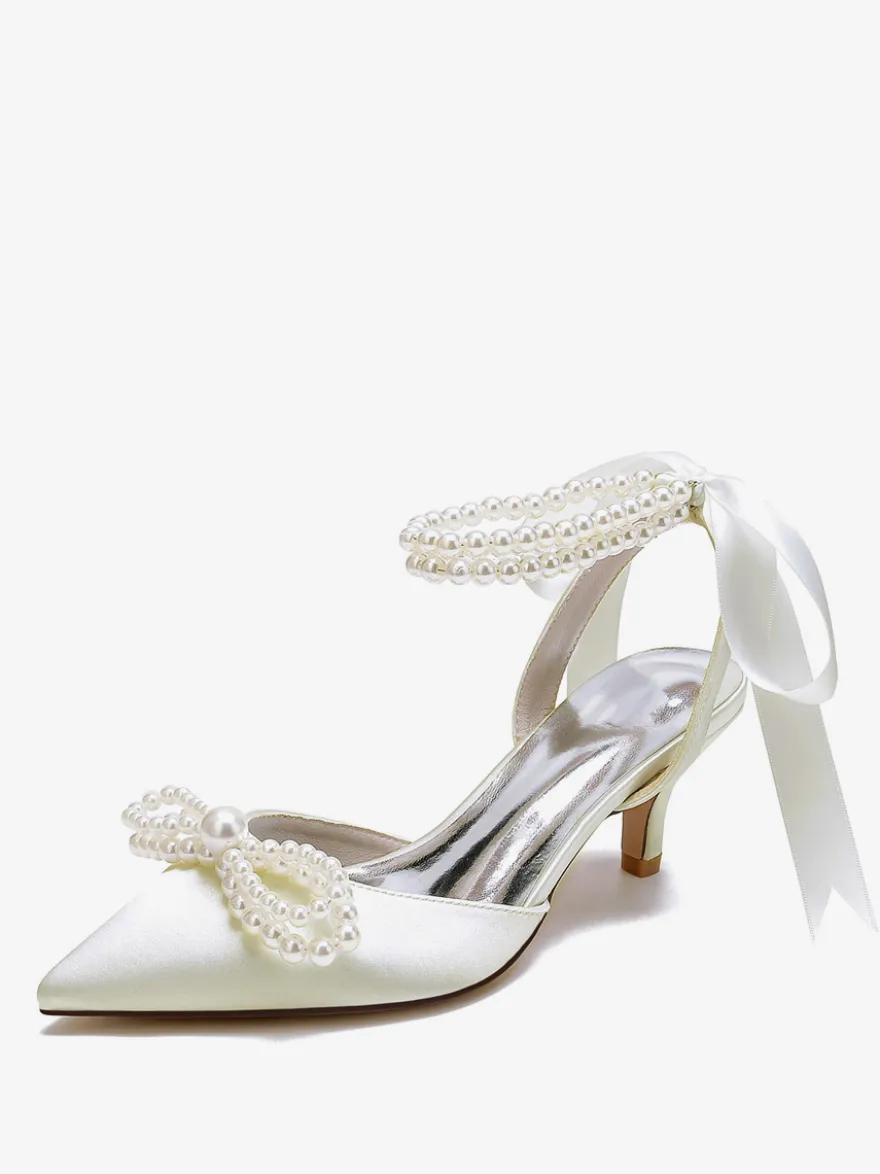 Chaussures De Mariage Femme Perle Lacet Nœud Escarpins De Mariée En Satin À Bout Pointu