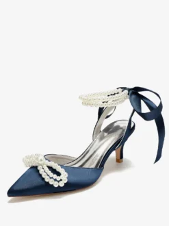 Chaussures De Mariage Femme Perle Lacet Nœud Escarpins De Mariée En Satin À Bout Pointu