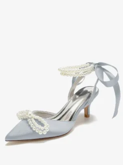 Chaussures De Mariage Femme Perle Lacet Nœud Escarpins De Mariée En Satin À Bout Pointu