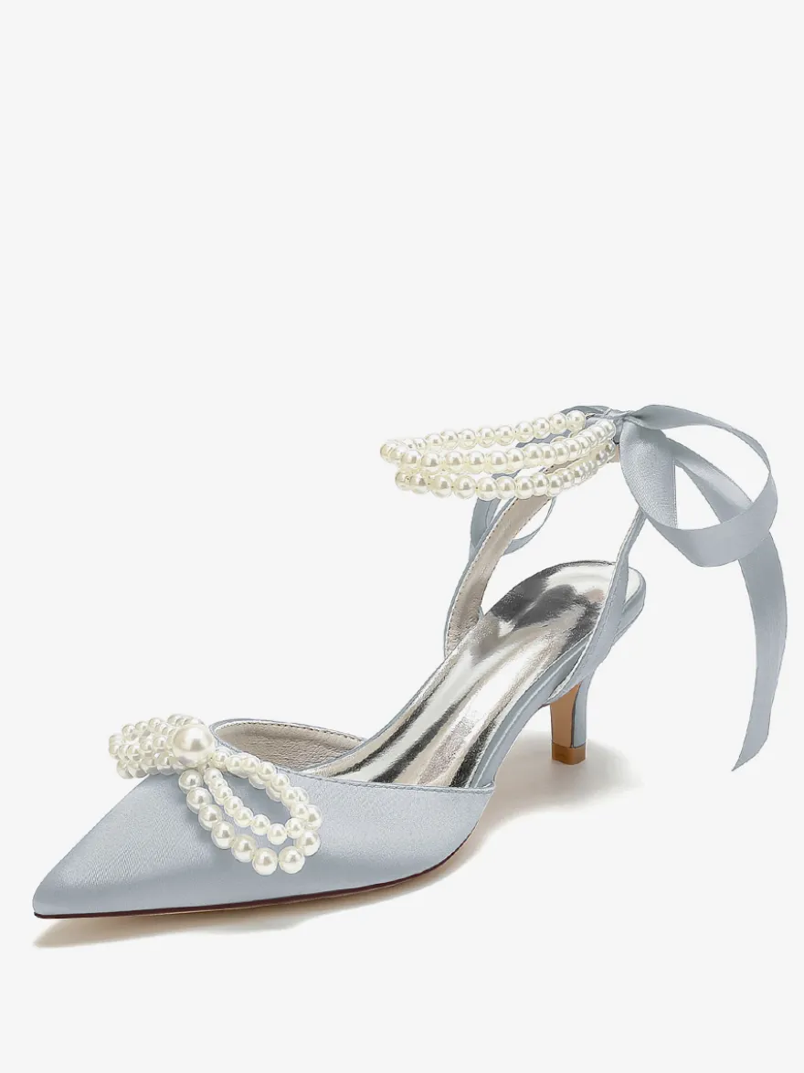 Chaussures De Mariage Femme Perle Lacet Nœud Escarpins De Mariée En Satin À Bout Pointu