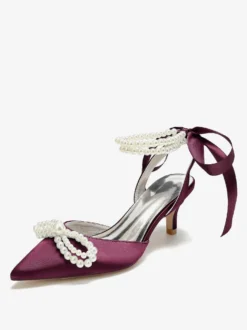Chaussures De Mariage Femme Perle Lacet Nœud Escarpins De Mariée En Satin À Bout Pointu