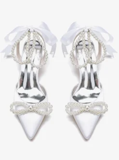 Chaussures De Mariage Femme Perle Lacet Nœud Escarpins De Mariée En Satin À Bout Pointu