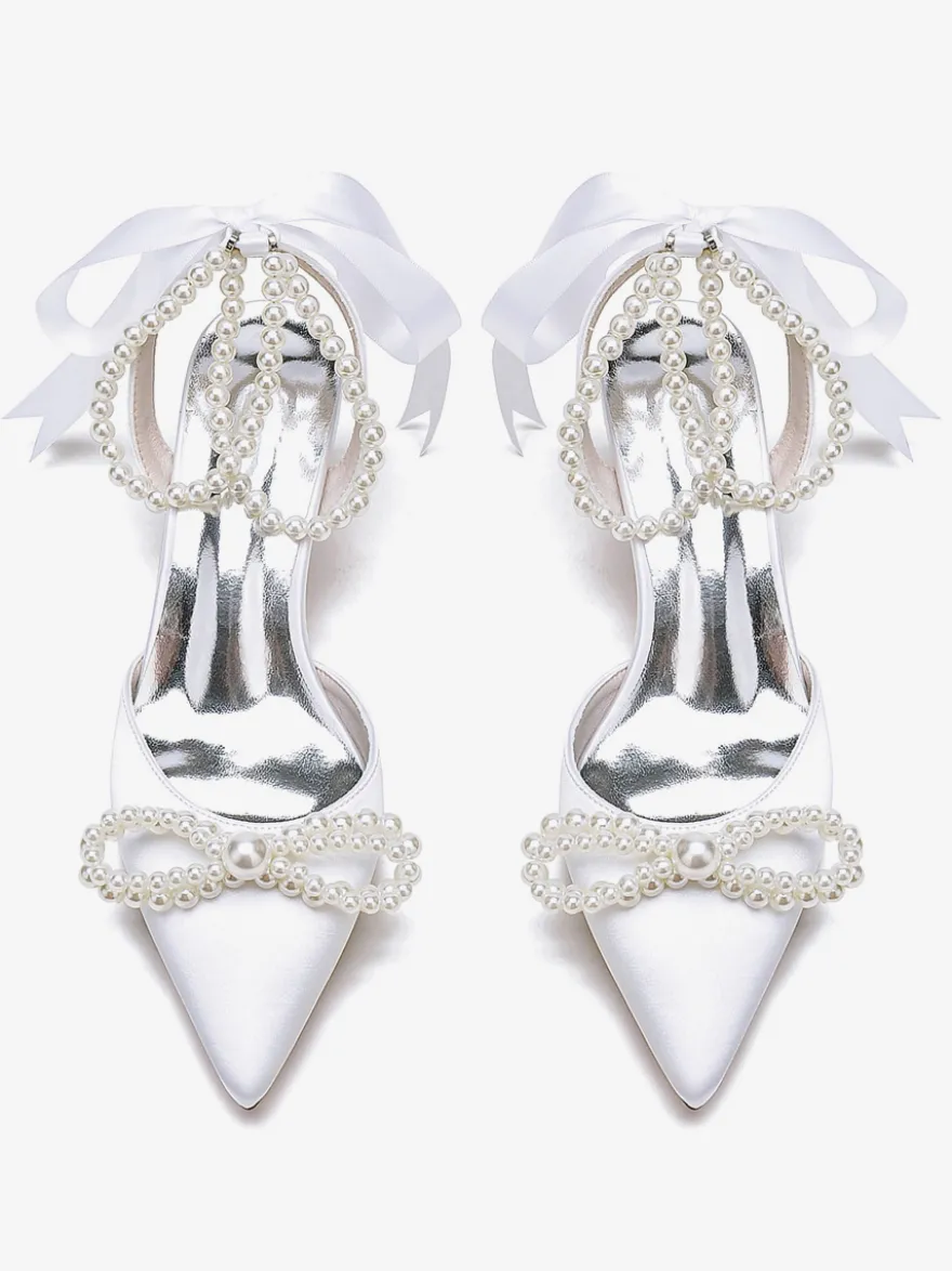 Chaussures De Mariage Femme Perle Lacet Nœud Escarpins De Mariée En Satin À Bout Pointu