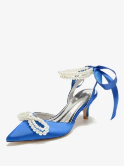 Chaussures De Mariage Femme Perle Lacet Nœud Escarpins De Mariée En Satin À Bout Pointu