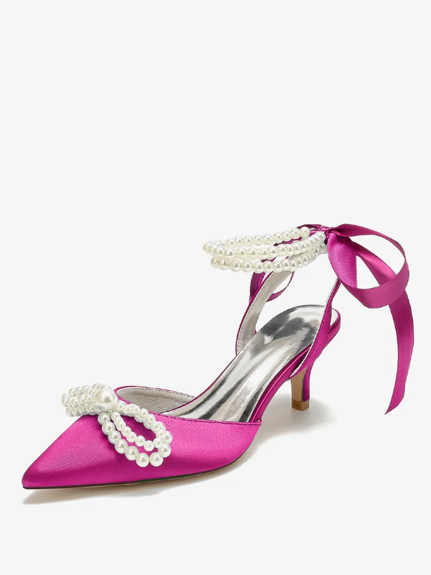 Chaussures De Mariage Femme Perle Lacet Nœud Escarpins De Mariée En Satin À Bout Pointu