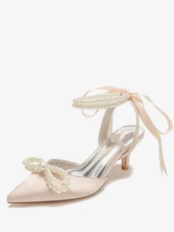 Chaussures De Mariage Femme Perle Lacet Nœud Escarpins De Mariée En Satin À Bout Pointu