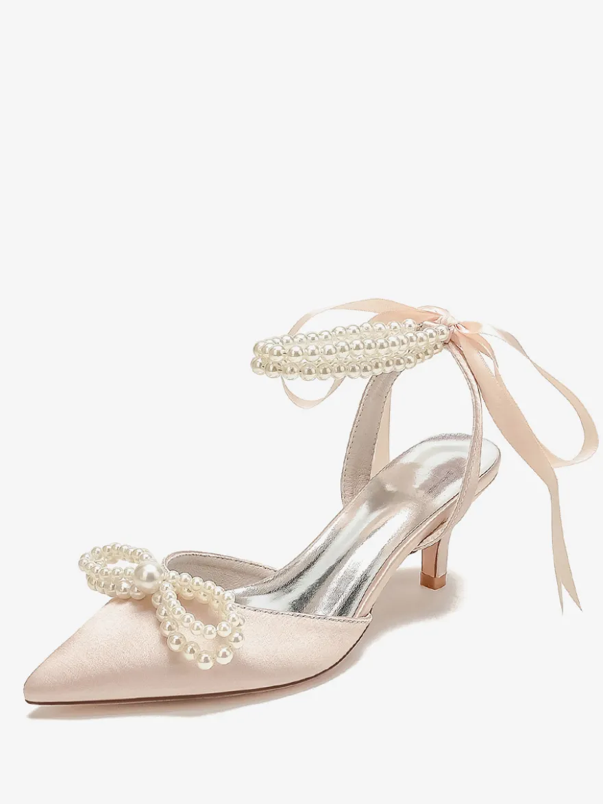 Chaussures De Mariage Femme Perle Lacet Nœud Escarpins De Mariée En Satin À Bout Pointu