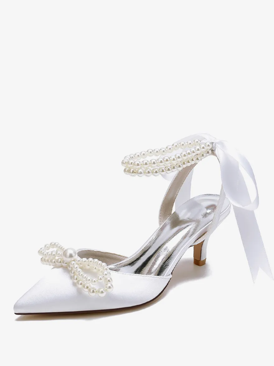 Chaussures De Mariage Femme Perle Lacet Nœud Escarpins De Mariée En Satin À Bout Pointu