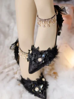 Chaussures de mariage gothiques Lolita noires à volants fleurs chaînes talons aiguilles