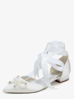 Chaussures de mariage plates à lacets avec nœud et perles