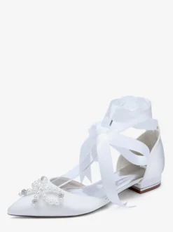 Chaussures de mariage plates à lacets avec nœud et perles