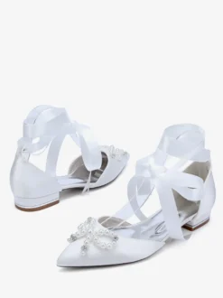 Chaussures de mariage plates à lacets avec nœud et perles
