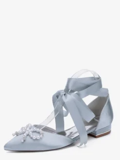 Chaussures de mariage plates à lacets avec nœud et perles