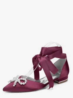 Chaussures de mariage plates à lacets avec nœud et perles