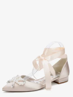 Chaussures de mariage plates à lacets avec nœud et perles