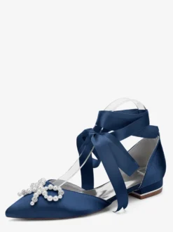 Chaussures de mariage plates à lacets avec nœud et perles