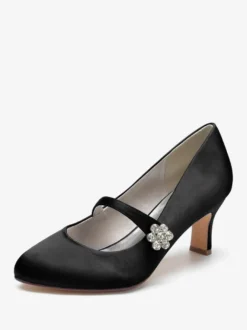 Chaussures De Mariage Pour Femmes Satin Blanc Bout Rond Strass Talon Trotteur Chaussures De Mariée À Lacet