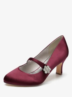 Chaussures De Mariage Pour Femmes Satin Blanc Bout Rond Strass Talon Trotteur Chaussures De Mariée À Lacet
