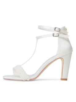 Chaussures de mariage pour femmes ivoire en cuir synthétique polyuréthane type T Bandage perles Peep Toe talon épais sandale de mariée