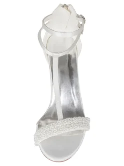 Chaussures de mariage pour femmes ivoire en cuir synthétique polyuréthane type T Bandage perles Peep Toe talon épais sandale de mariée