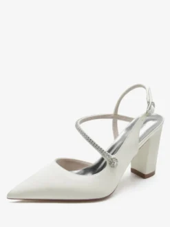 Chaussures De Mariage Pour Femmes Satin Bout Pointu Strass Talon Épais Chaussures De Mariée