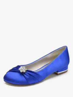 Chaussures De Mariage Pour Femmes En Satin Bleu Royal Bout Rond Strass Chaussures De Mariée Plates