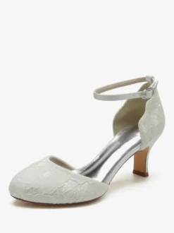 Chaussures De Mariage Pour Femmes Satin Blanc Bout Rond Strass Talon Trotteur Chaussures De Mariée
