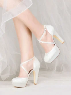 Chaussures de Mariage Rétro à Talons Hauts Femme avec Bout Rond Unicolore Chaussures De Mariée Vintage