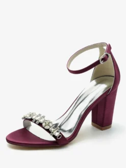 Chaussures de mariage Satin Bordeaux Strass Sandales de mariage à bout ouvert