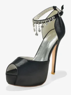 Chaussures de mariage Satin blanc Peep Toe Chaînes Talon aiguille Bride à la cheville Chaussures de mariée