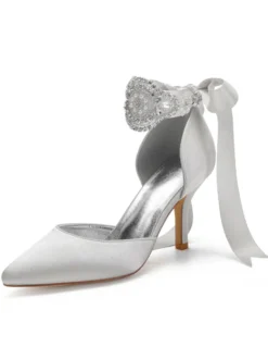 Chaussures de mariage Satin Bleu Bout pointu Perles Talon aiguille Retour Bow Chaussures de mariée