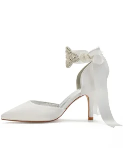 Chaussures de mariage Satin Bleu Bout pointu Perles Talon aiguille Retour Bow Chaussures de mariée