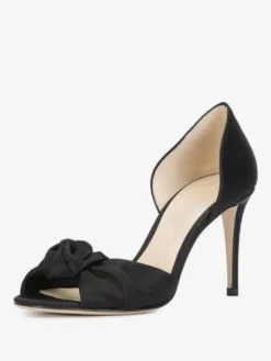 Chaussures de mariage soirée noires en satin nouées à talons hauts et bout ouvert