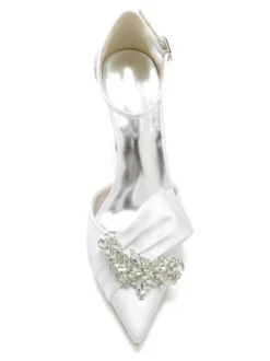 Chaussures de mariage Strass Satin Bout pointu Talon épais Chaussures de mariée