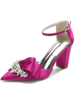 Chaussures de mariage Strass Satin Bout pointu Talon épais Chaussures de mariée