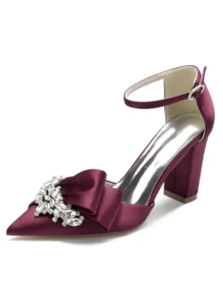 Chaussures de mariage Strass Satin Bout pointu Talon épais Chaussures de mariée