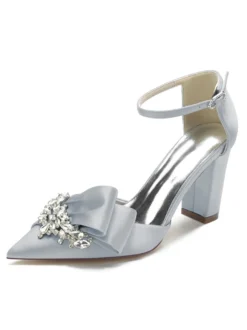 Chaussures de mariage Strass Satin Bout pointu Talon épais Chaussures de mariée