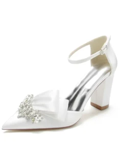 Chaussures de mariage Strass Satin Bout pointu Talon épais Chaussures de mariée
