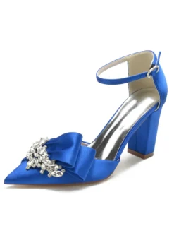 Chaussures de mariage Strass Satin Bout pointu Talon épais Chaussures de mariée