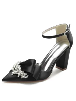Chaussures de mariage Strass Satin Bout pointu Talon épais Chaussures de mariée