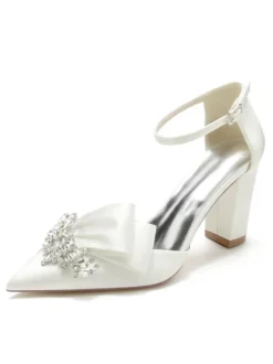Chaussures de mariage Strass Satin Bout pointu Talon épais Chaussures de mariée