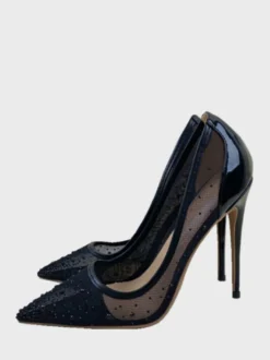 Chaussures de mariage à talons aiguilles et bout pointu en maille noire avec patchwork de strass