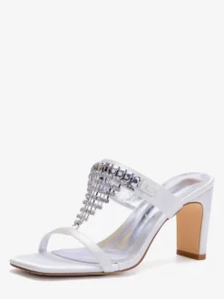 Chaussures de mariage à talons hauts en satin blanc bout ouvert ornées de strass mules de mariée