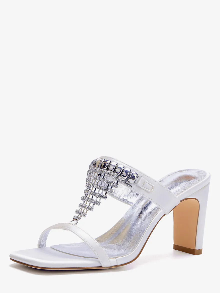 Chaussures de mariage à talons hauts en satin blanc bout ouvert ornées de strass mules de mariée
