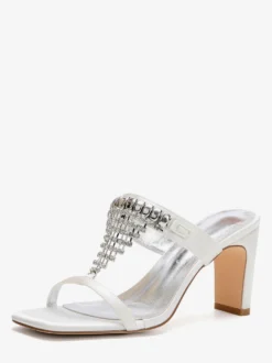 Chaussures de mariage à talons hauts en satin blanc bout ouvert ornées de strass mules de mariée