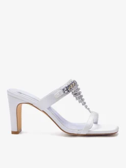 Chaussures de mariage à talons hauts en satin blanc bout ouvert ornées de strass mules de mariée