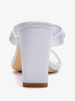 Chaussures de mariage à talons hauts en satin blanc bout ouvert ornées de strass mules de mariée