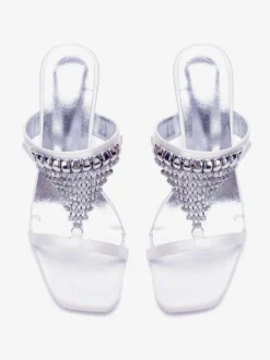 Chaussures de mariage à talons hauts en satin blanc bout ouvert ornées de strass mules de mariée