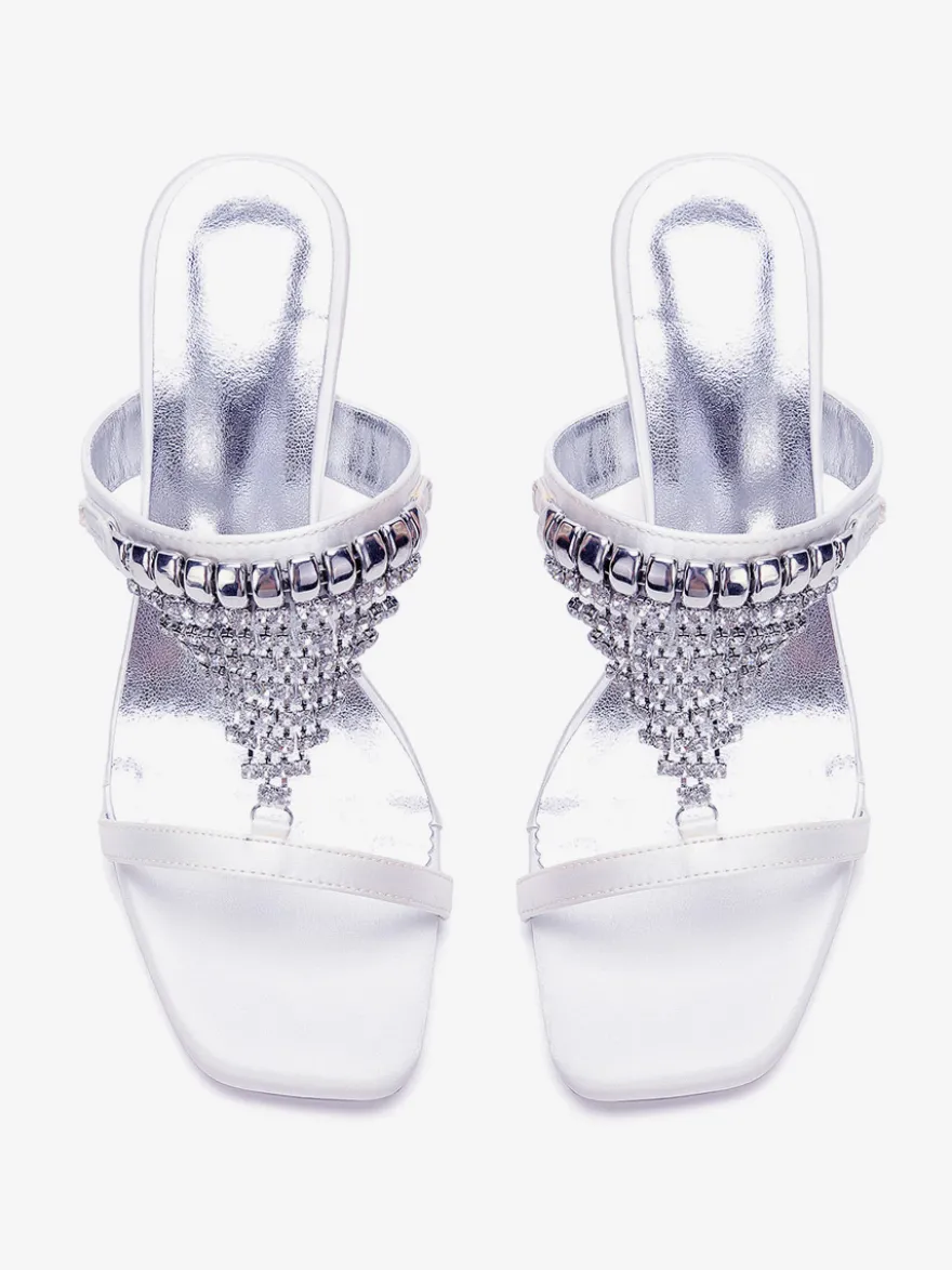 Chaussures de mariage à talons hauts en satin blanc bout ouvert ornées de strass mules de mariée